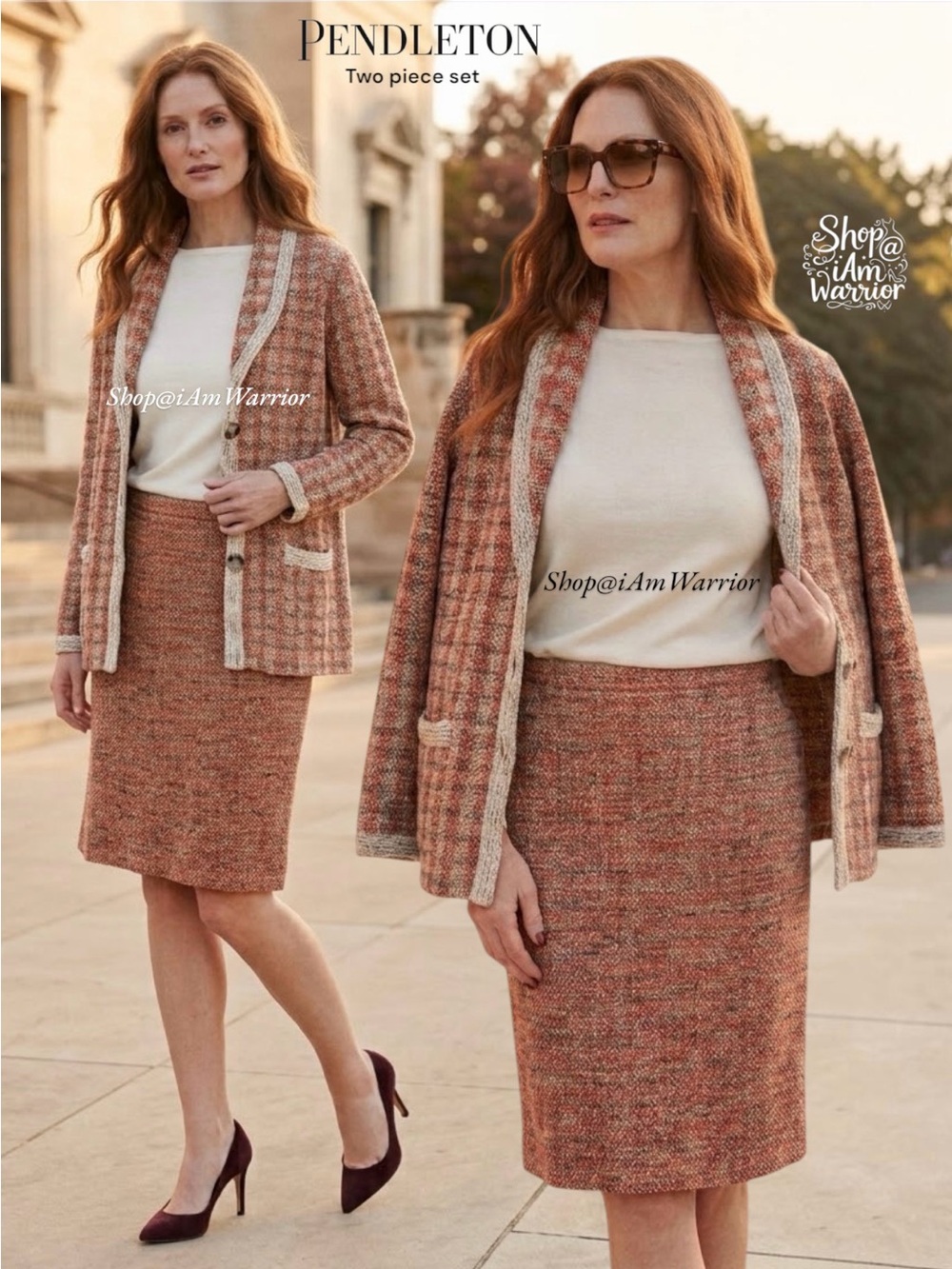 Pendleton Silk Cotton Mélange Knit Cardigan Blazer Skirt Two Piece Set